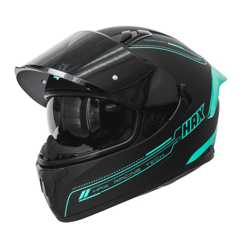 HAX Obsidian Full Face Dual Visor Adult Motorcycle Helmet for Motorbike Street Bike with Pinlock Ready DOT Approved Matte Black Aqua M - Image 2