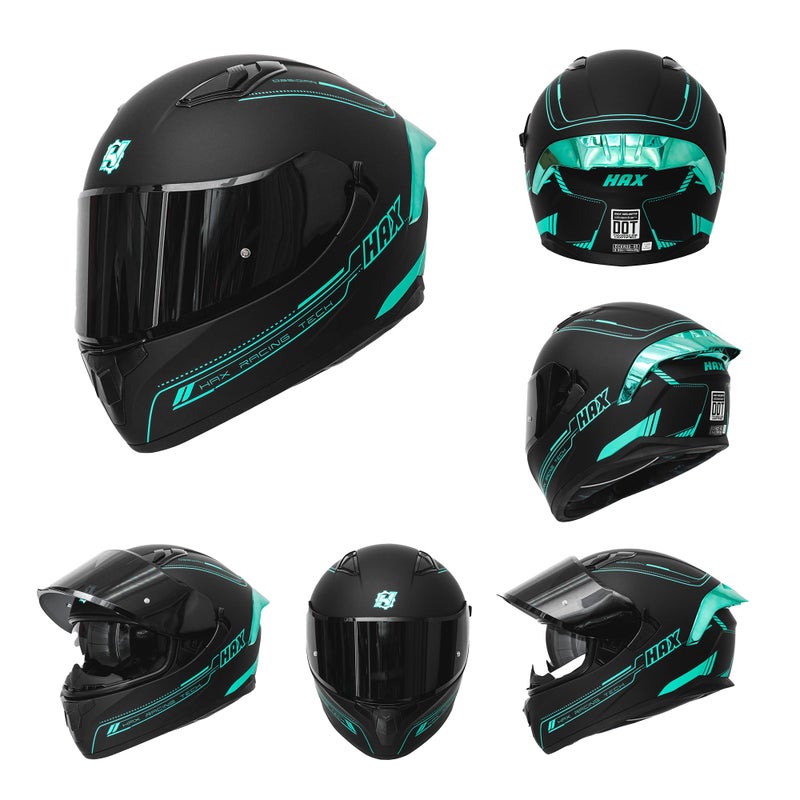 HAX Obsidian Full Face Dual Visor Adult Motorcycle Helmet for Motorbike Street Bike with Pinlock Ready DOT Approved Matte Black Aqua M - Image 3