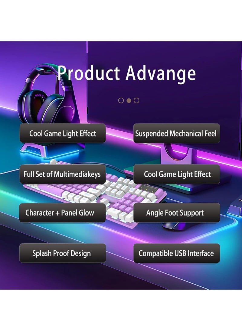 Wired Mechanical Keyboard, RGB Backlit Ultra-Compact Layout 104 Keys Keyboard - USB Wired Gaming Keyboard For PC/Mac/PS Series, Desktop, Computer (WhitePink)