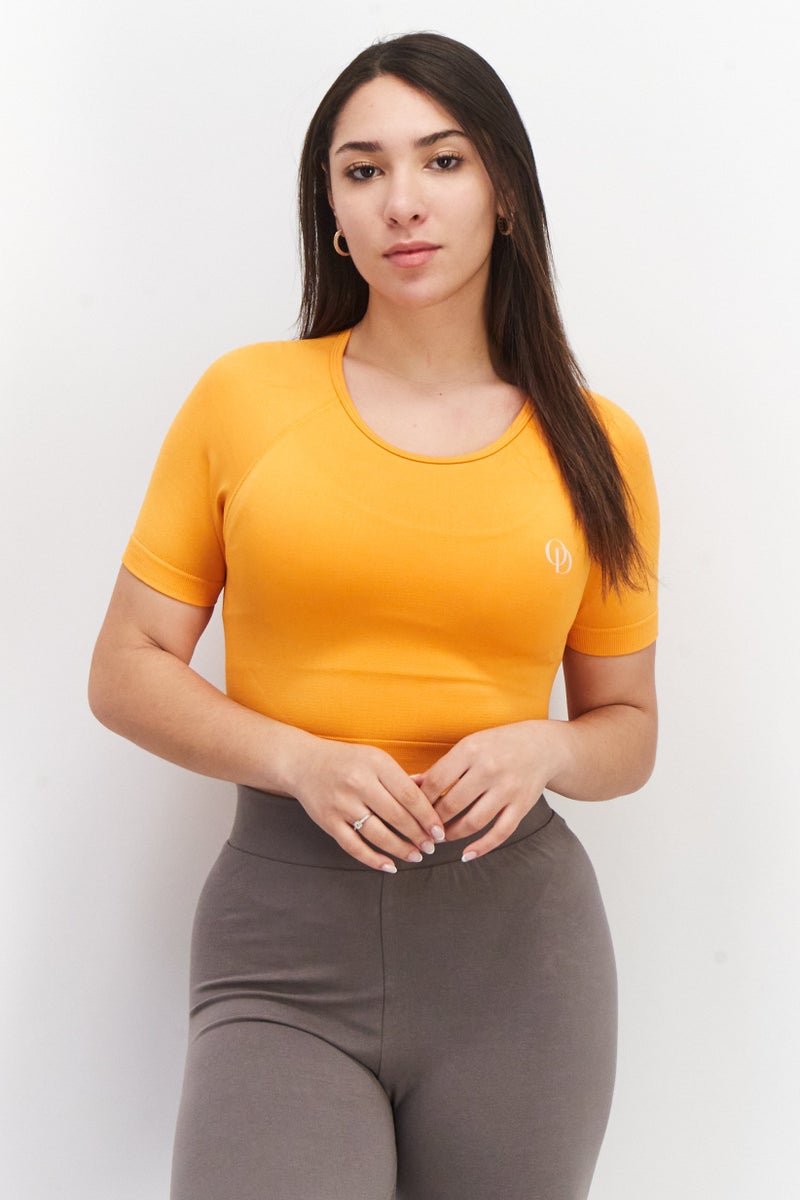 Women Round Neck Short Sleeve Brand Logo Crop Top, Orange