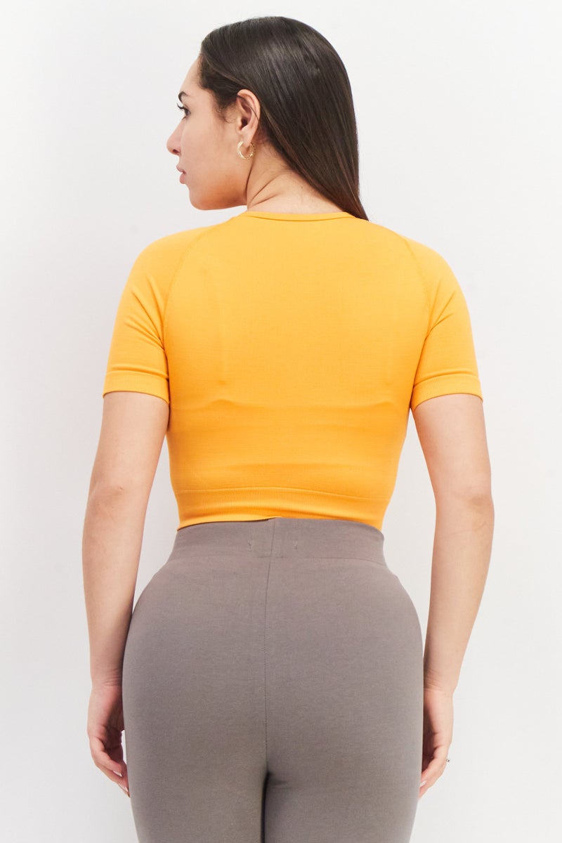 Women Round Neck Short Sleeve Brand Logo Crop Top, Orange