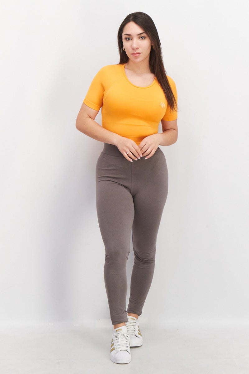 Women Round Neck Short Sleeve Brand Logo Crop Top, Orange