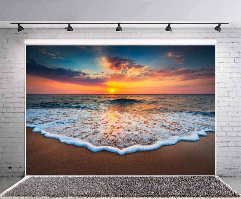 Leyiyi 12x8ft Photography Background Seaside Sunset Backdrop Wedding Ceremony Hawaiian Luau Party Hula Ocean Wave Foam Beach Sand Honeymoon Travel Summer Banquet Baby Photo Portrait Vinyl Studio Prop