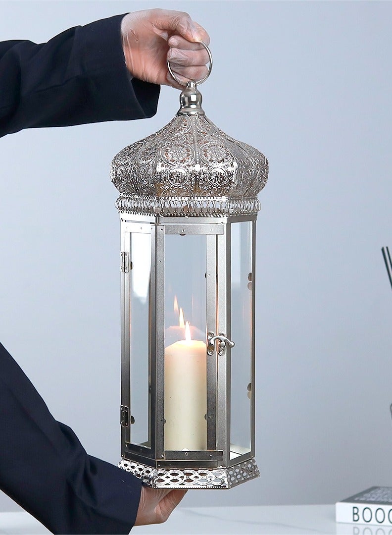 AL Hadaya Mall Classic Hanging Ramadan Lantern – Silver Metal Candle Lantern – 48×18 cm - Image 2