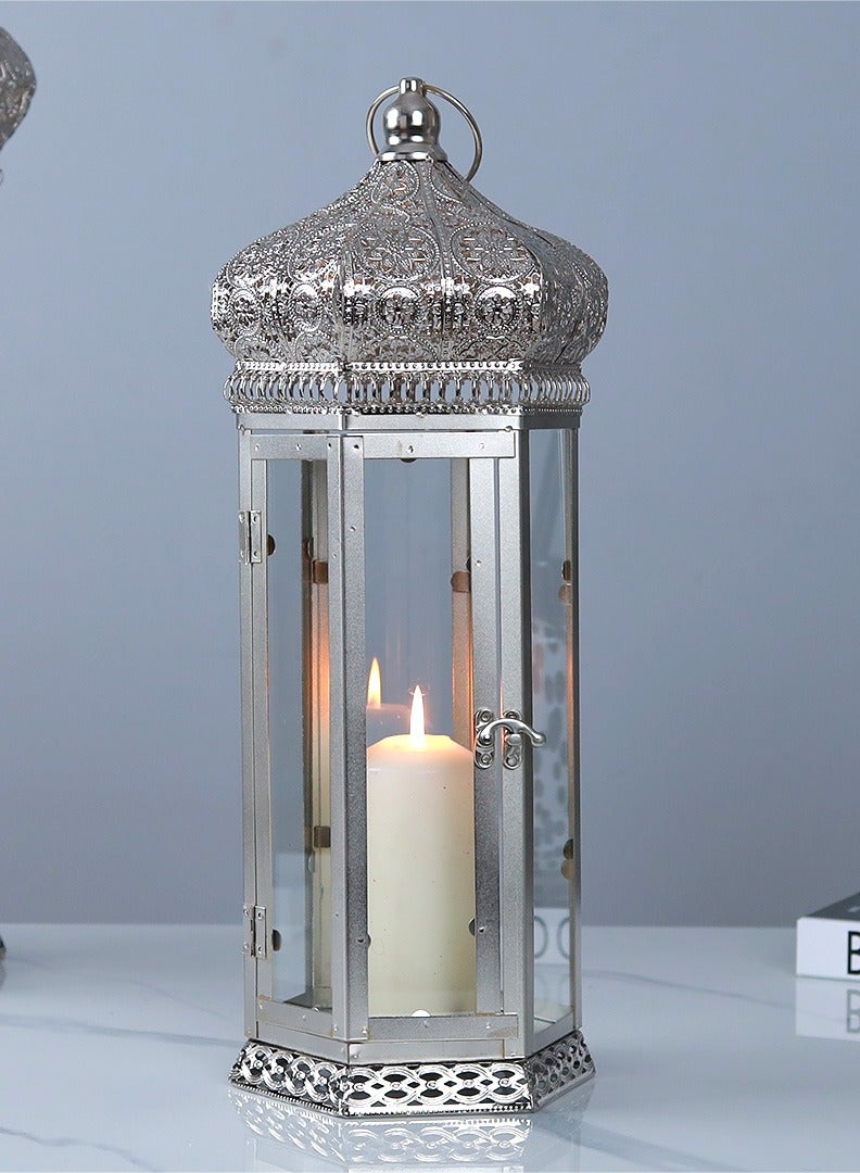AL Hadaya Mall Classic Hanging Ramadan Lantern – Silver Metal Candle Lantern – 48×18 cm - Image 1