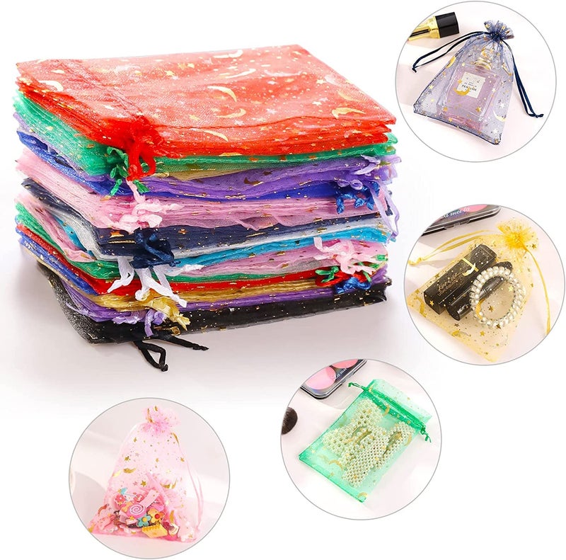 ENNIYU 100 Pieces Moon Star Organza Jewelry Candy Bags, 3x4inch Random Colors Mesh Bags, Organza Favor Gift Pouches with Drawstrings for Weddings, Parties, and Valentine's Day. - Image 3