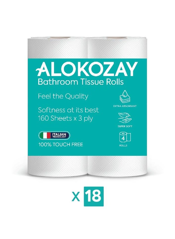 Alokozay Bathroom Tissues - 160 Sheets x 3 Ply - 4 Rolls X Pack of 18 18 x 4 Rolls