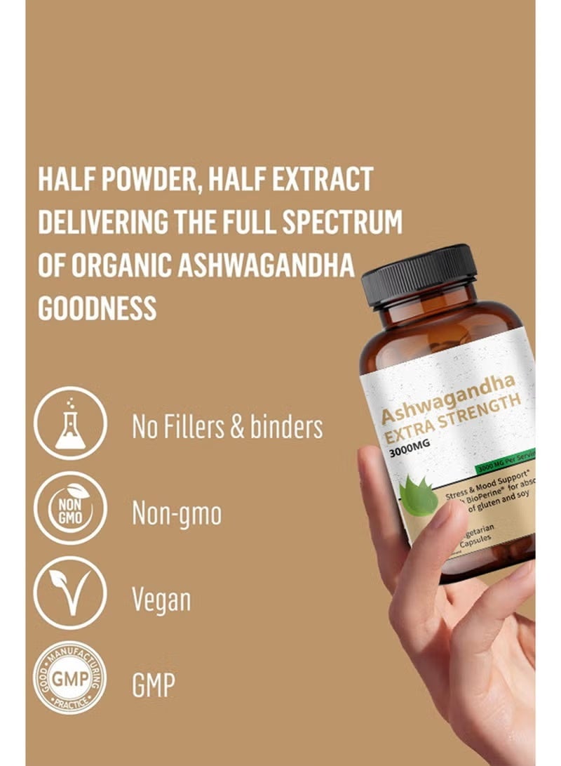 Extra Ashwagandha Extra Strength 3000mg - Stress Relief Formula, Natural Mood Support, 120 Capsules - Image 5