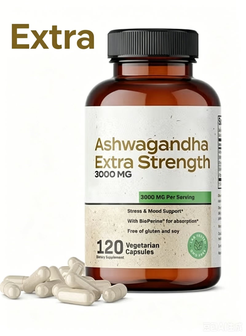 Extra Ashwagandha Extra Strength 3000mg - Stress Relief Formula, Natural Mood Support, 120 Capsules - Image 1