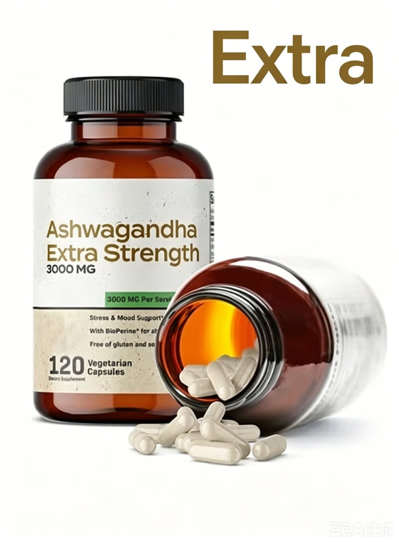 Extra Ashwagandha Extra Strength 3000mg - Stress Relief Formula, Natural Mood Support, 120 Capsules - Image 2