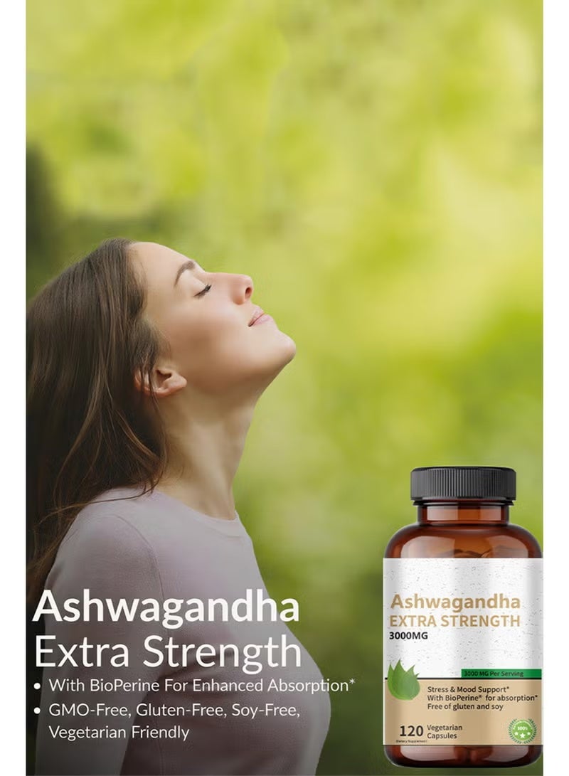 Extra Ashwagandha Extra Strength 3000mg - Stress Relief Formula, Natural Mood Support, 120 Capsules - Image 3