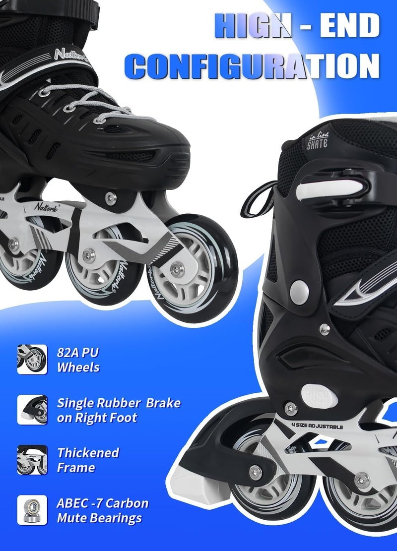Nattork زلاجات inline سوداء للشباب الأولاد والرجال، 4 أحجام شفرات قابلة للتعديل مع دعم للكاحل، حزام قابل للتعديل، عجلات 90 مم ونعال ناعمة مناسبة للتزلج، رولر ديربي، هوكي الشارع - Image 2