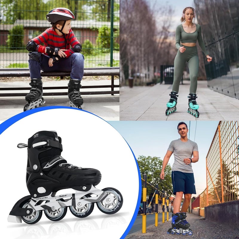 Nattork زلاجات inline سوداء للشباب الأولاد والرجال، 4 أحجام شفرات قابلة للتعديل مع دعم للكاحل، حزام قابل للتعديل، عجلات 90 مم ونعال ناعمة مناسبة للتزلج، رولر ديربي، هوكي الشارع - Image 5