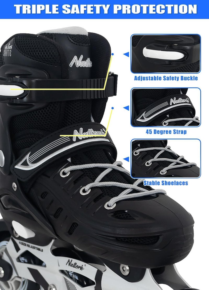 Nattork زلاجات inline سوداء للشباب الأولاد والرجال، 4 أحجام شفرات قابلة للتعديل مع دعم للكاحل، حزام قابل للتعديل، عجلات 90 مم ونعال ناعمة مناسبة للتزلج، رولر ديربي، هوكي الشارع - Image 3