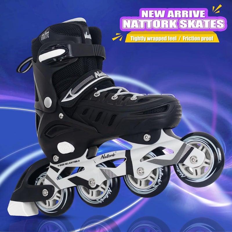 Nattork زلاجات inline سوداء للشباب الأولاد والرجال، 4 أحجام شفرات قابلة للتعديل مع دعم للكاحل، حزام قابل للتعديل، عجلات 90 مم ونعال ناعمة مناسبة للتزلج، رولر ديربي، هوكي الشارع - Image 4