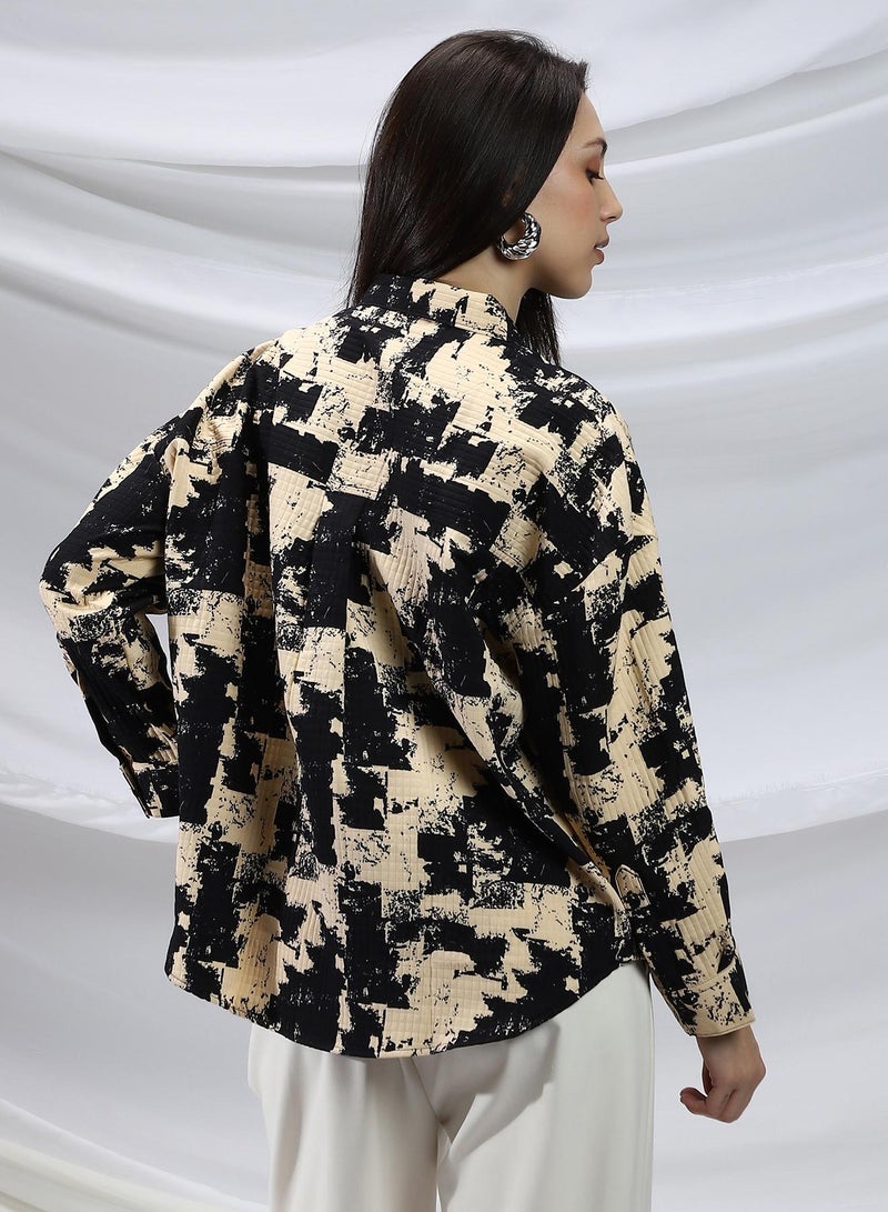 Campus Sutra Campus Sutra Women's Onyx Black & Buff Beige Abstract-Bushed Relaxed Shirt For Casual Wear | Spread Collar | Long Cuffed Sleeves | Button Closure | Shirt Crafted With Comfort Fit For Everyday Wear  - Image 5