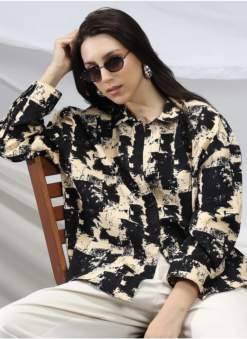Campus Sutra Campus Sutra Women's Onyx Black & Buff Beige Abstract-Bushed Relaxed Shirt For Casual Wear | Spread Collar | Long Cuffed Sleeves | Button Closure | Shirt Crafted With Comfort Fit For Everyday Wear