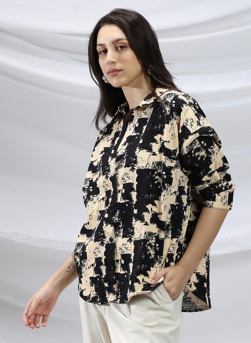 Campus Sutra Campus Sutra Women's Onyx Black & Buff Beige Abstract-Bushed Relaxed Shirt For Casual Wear | Spread Collar | Long Cuffed Sleeves | Button Closure | Shirt Crafted With Comfort Fit For Everyday Wear  - Image 3