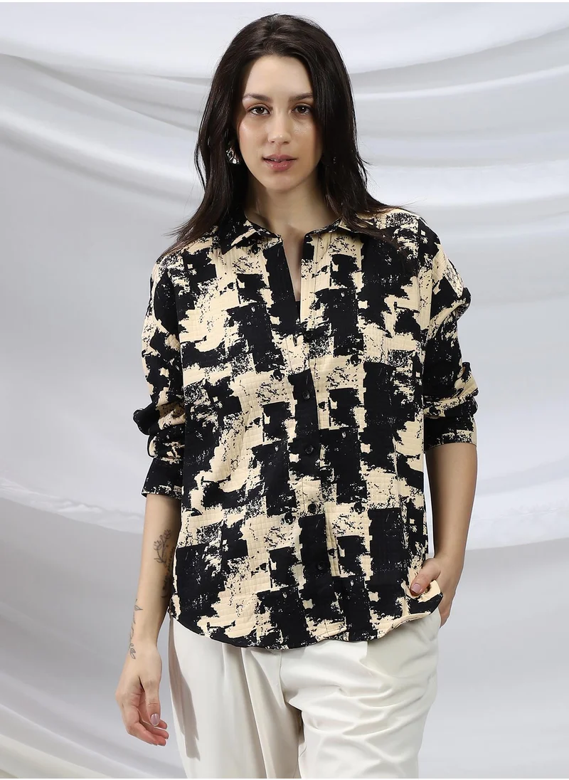 Campus Sutra Campus Sutra Women's Onyx Black & Buff Beige Abstract-Bushed Relaxed Shirt For Casual Wear | Spread Collar | Long Cuffed Sleeves | Button Closure | Shirt Crafted With Comfort Fit For Everyday Wear