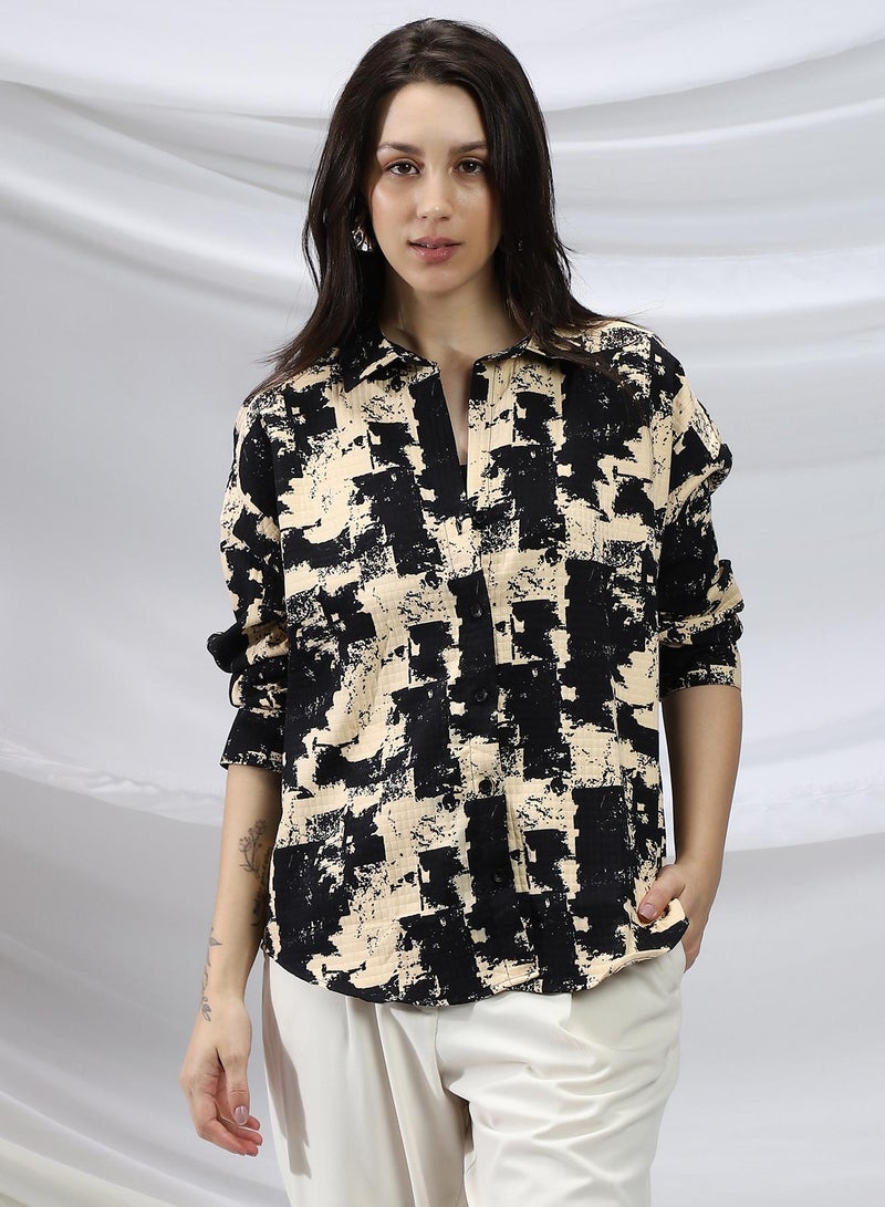 Campus Sutra Campus Sutra Women's Onyx Black & Buff Beige Abstract-Bushed Relaxed Shirt For Casual Wear | Spread Collar | Long Cuffed Sleeves | Button Closure | Shirt Crafted With Comfort Fit For Everyday Wear  - Image 2
