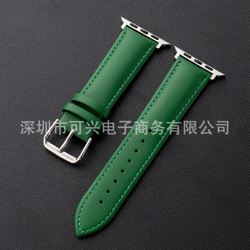 Generic Factory direct leather apple Watch with apple watch1/2/3/4/5 pin buckle watch accessories Two layer leather plain weave green-silver interface 