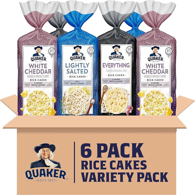 Quaker Rice Cakes Variety Pack - 6 Pack with White Cheddar, Lightly Salted, and Everything Flavors - Image 1