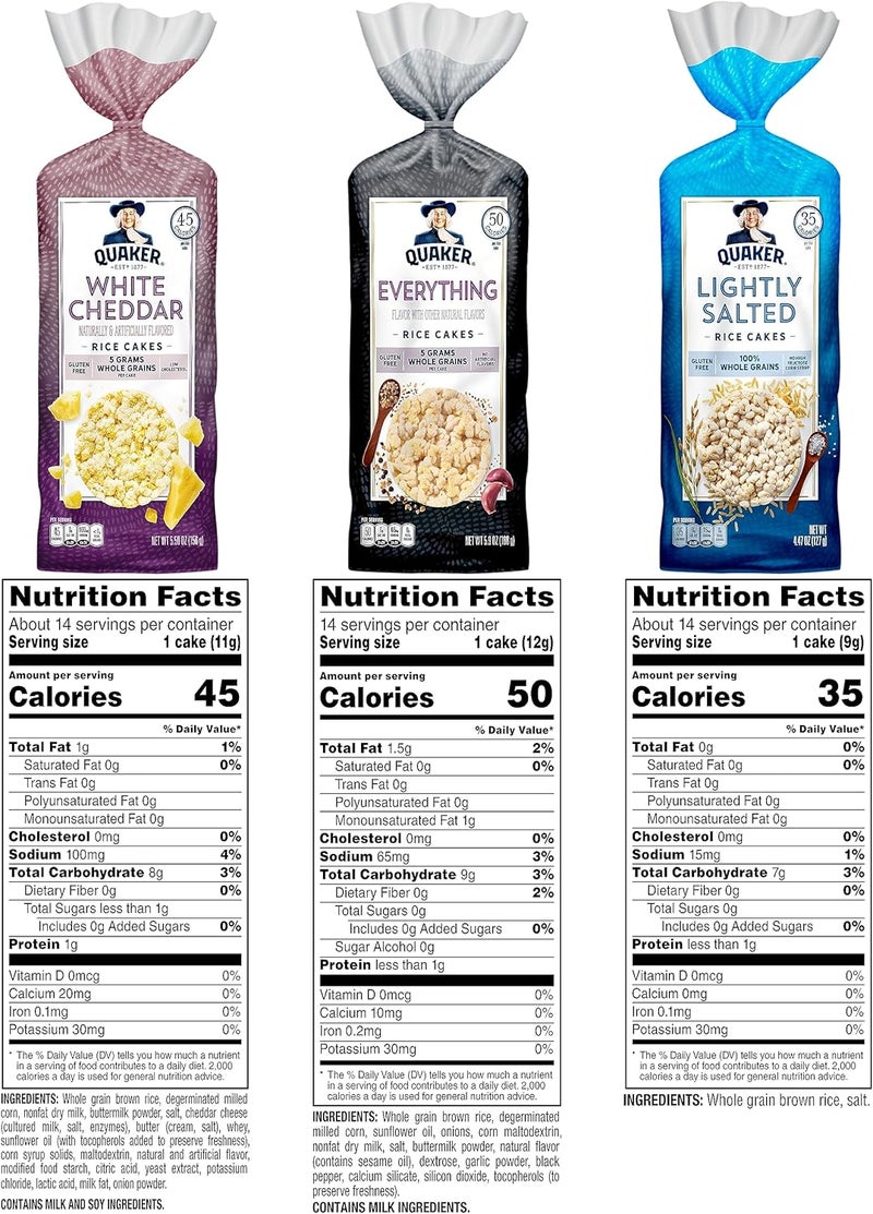 Quaker Rice Cakes Variety Pack - 6 Pack with White Cheddar, Lightly Salted, and Everything Flavors - Image 2