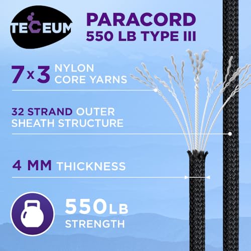 TECEUM Paracord Type III 550 Black – 100 ft – 4mm – Tactical Rope MIL-SPEC – Outdoor para Cord –Camping Hiking Fishing Gear and Equipment – EDC Parachute Cord – Strong Survival Rope 016b - Image 2