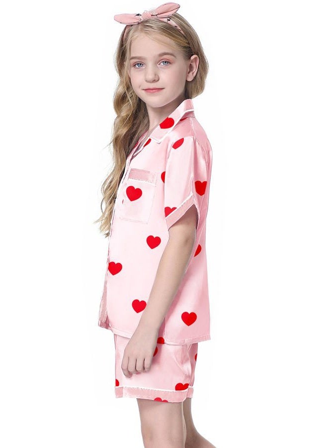 Schbbbta Satin Pajama Set for Girls Button-Down Silk Pajamas Sleepwear Loungewear, Red Heart Pink, 11-12 Years - Image 3