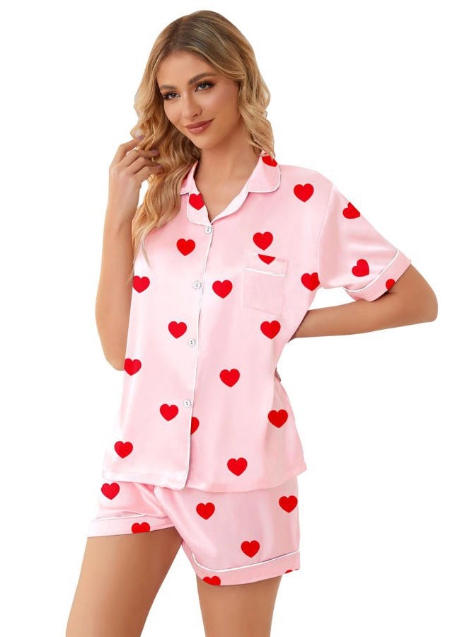 Schbbbta Satin Pajama Set for Girls Button-Down Silk Pajamas Sleepwear Loungewear, Red Heart Pink, 11-12 Years - Image 5