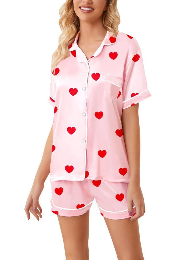 Schbbbta Satin Pajama Set for Girls Button-Down Silk Pajamas Sleepwear Loungewear, Red Heart Pink, 11-12 Years - Image 4