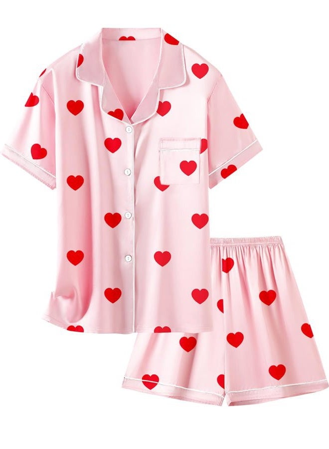 Schbbbta Satin Pajama Set for Girls Button-Down Silk Pajamas Sleepwear Loungewear, Red Heart Pink, 11-12 Years - Image 1