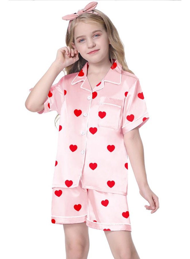 Schbbbta Satin Pajama Set for Girls Button-Down Silk Pajamas Sleepwear Loungewear, Red Heart Pink, 11-12 Years - Image 2