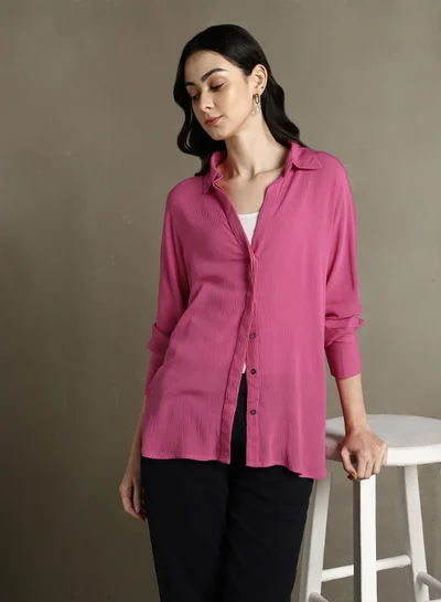 دينيس لينغو Women's Pink 100% Rayon Solid Oversized Shirt