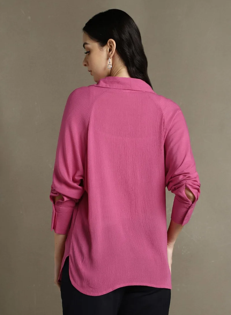 Dennis Lingo Women's Pink 100% Rayon Solid Oversized Shirt