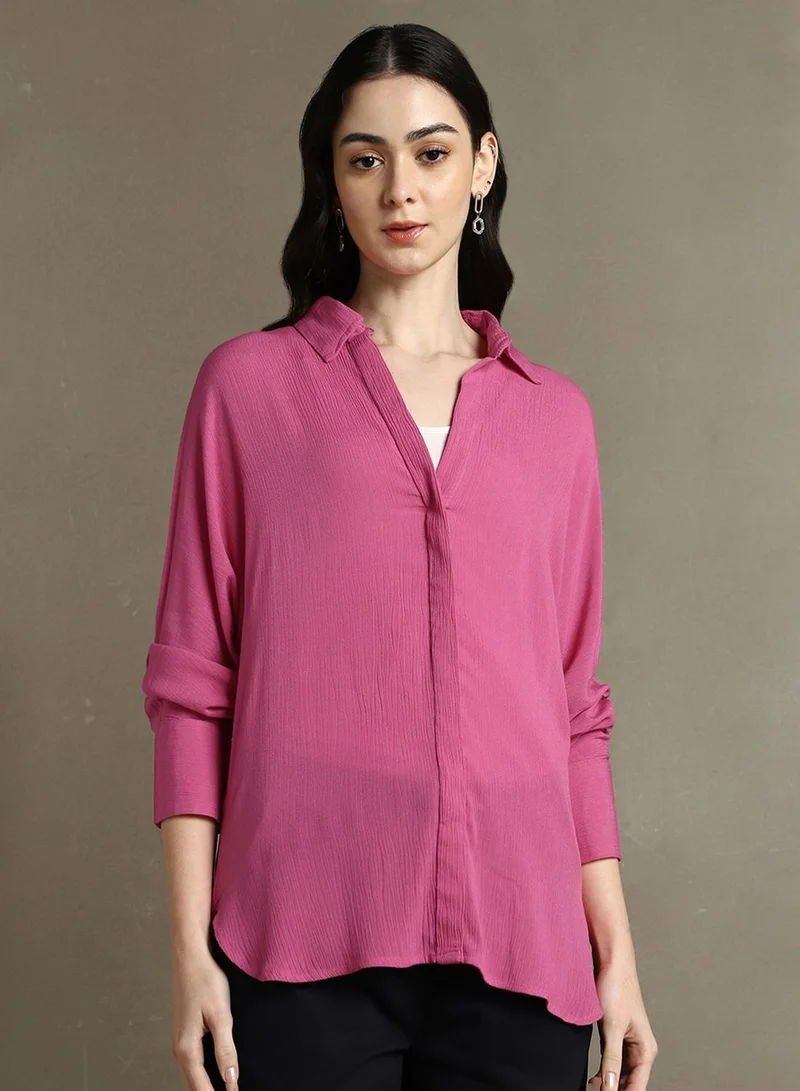 Dennis Lingo Women's Pink 100% Rayon Solid Oversized Shirt