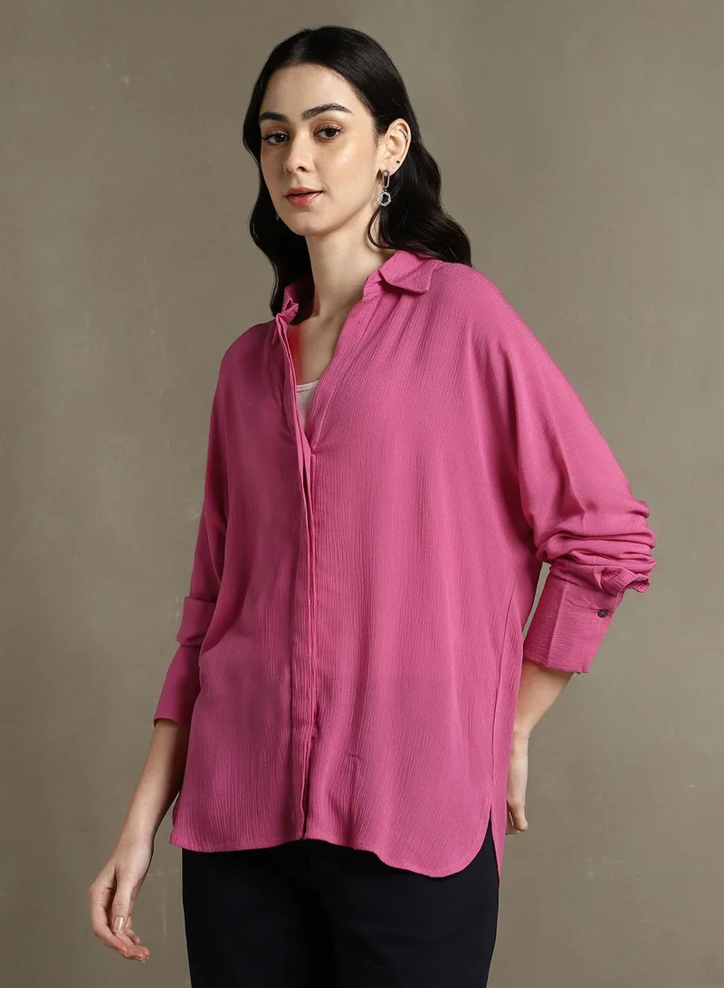 Dennis Lingo Women's Pink 100% Rayon Solid Oversized Shirt