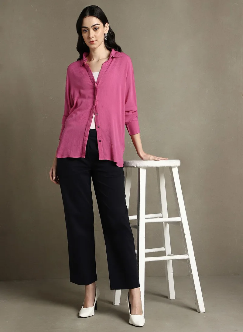 Dennis Lingo Women's Pink 100% Rayon Solid Oversized Shirt