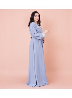 اكسا قفطان قطعتين سادة مع حزام وتطريز فخم IN8436 ازرق  - Image 3