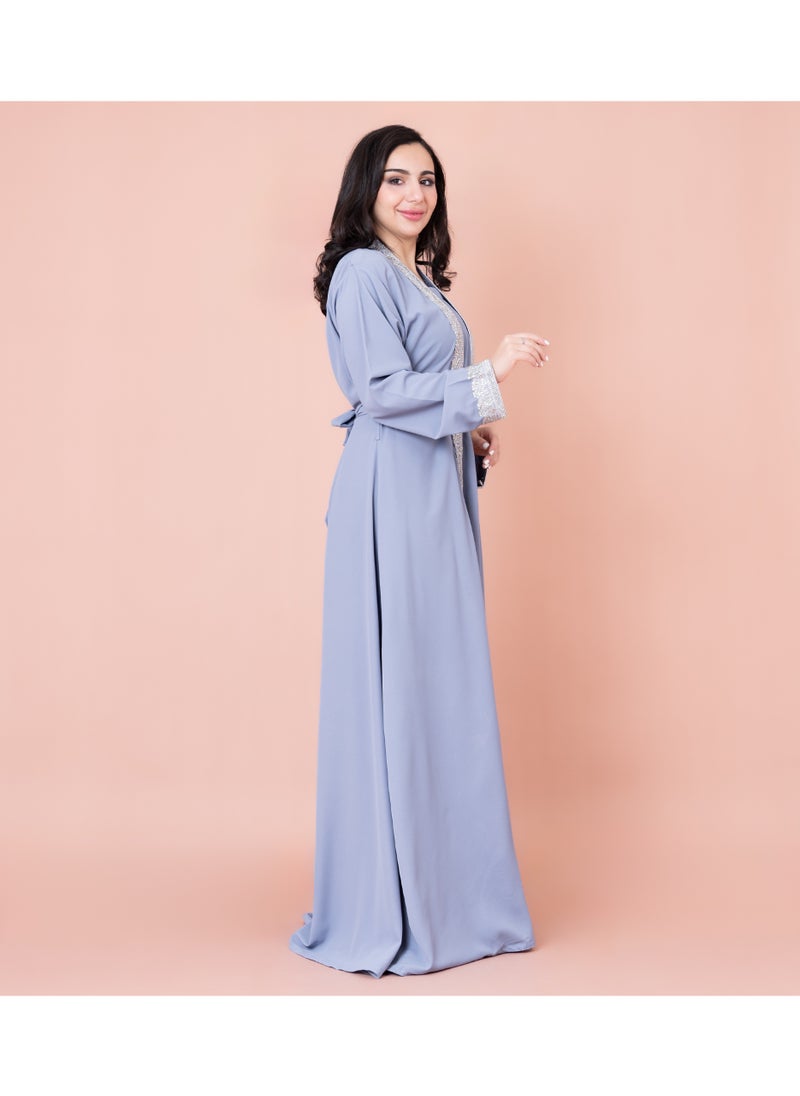 IKKXA Solid Embroidery Belted 2-Piece Kaftan IN8436 Blue  - Image 3