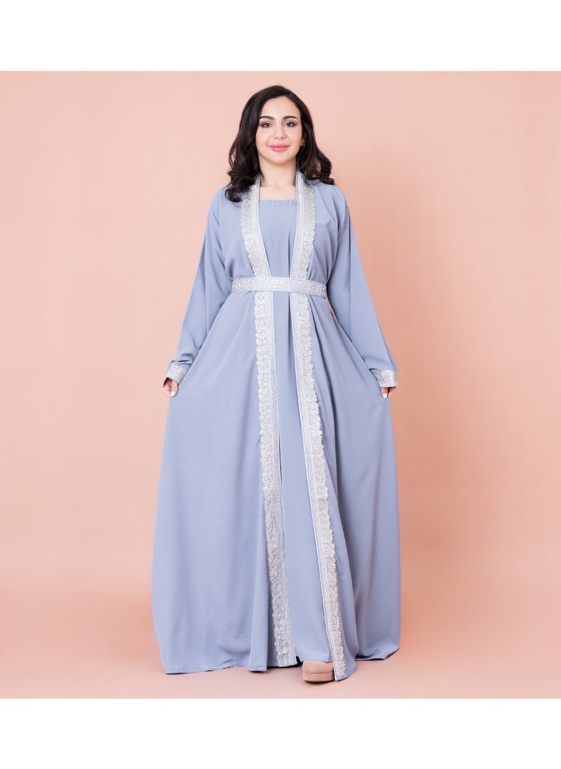 IKKXA Solid Embroidery Belted 2-Piece Kaftan IN8436 Blue  - Image 1