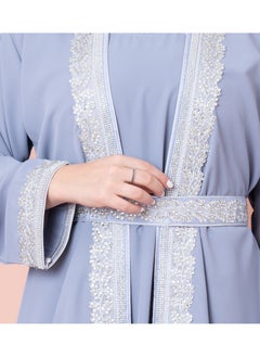 اكسا قفطان قطعتين سادة مع حزام وتطريز فخم IN8436 ازرق  - Image 2
