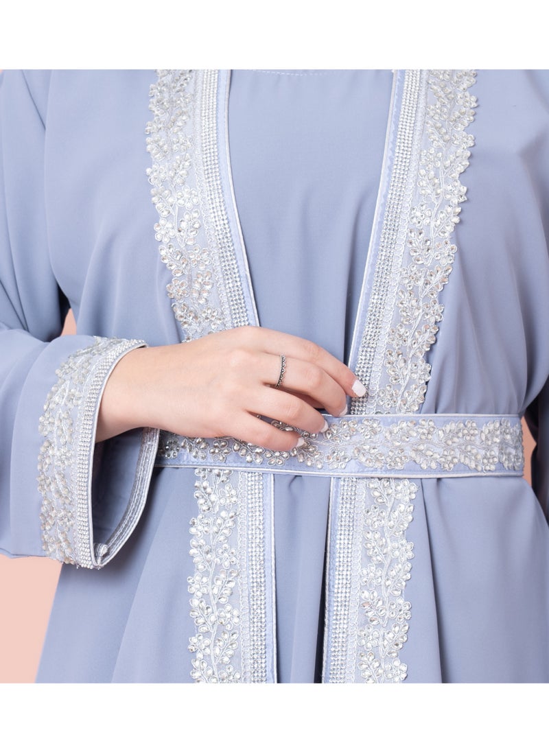 IKKXA Solid Embroidery Belted 2-Piece Kaftan IN8436 Blue  - Image 2