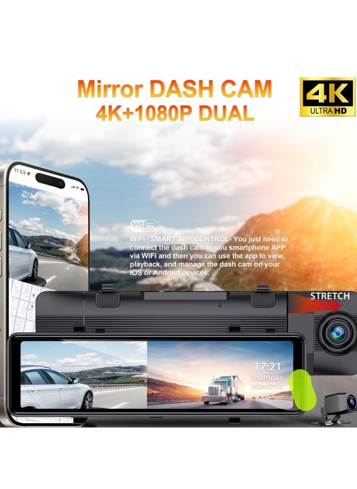Generic - Mirror Dash Cam, Lightweight Portable Driving Recorder With GPS, Full Touch Screen Rear View Mirror Camera, Wide Angle Type C Dual Lens Car Camera, (4k Plus 1080p Plus Wifi Plus ACC) - Image 1