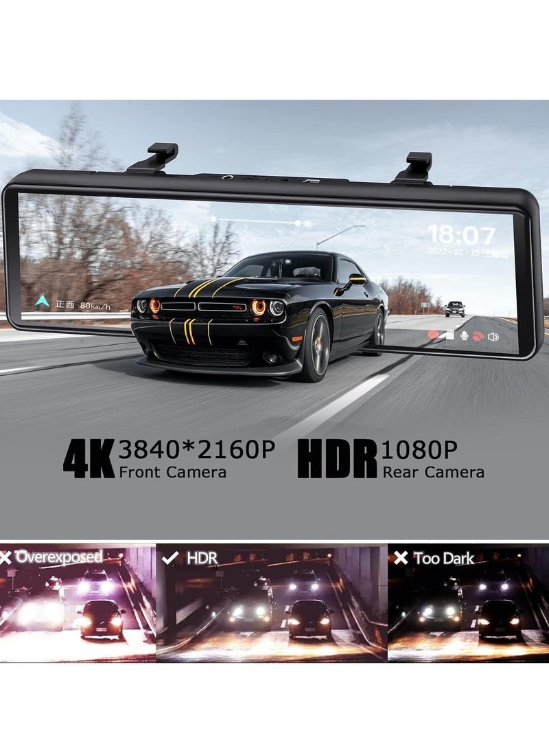 Generic - Mirror Dash Cam, Lightweight Portable Driving Recorder With GPS, Full Touch Screen Rear View Mirror Camera, Wide Angle Type C Dual Lens Car Camera, (4k Plus 1080p Plus Wifi Plus ACC) - Image 1