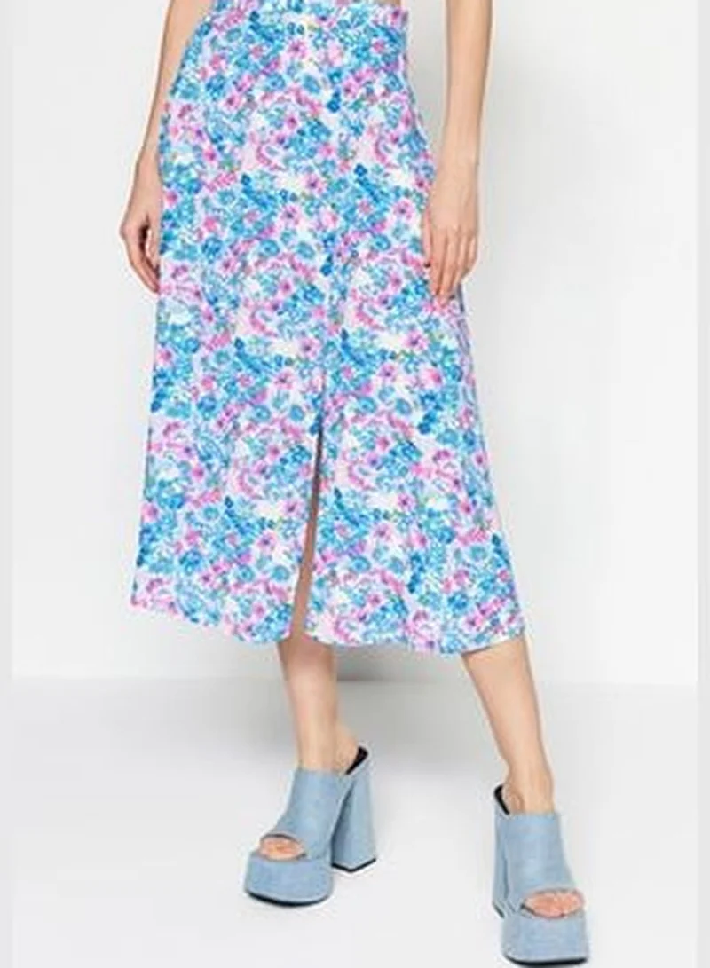 trendyol Indigo-Ecru Midi Skirt with Floral Pattern and Viscose Fabric with a Slit Detailed Detail TWOSS20ET0230