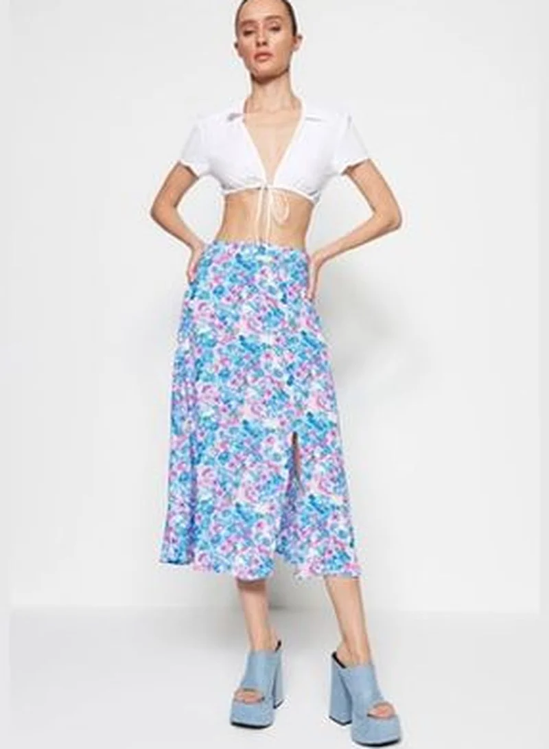 trendyol Indigo-Ecru Midi Skirt with Floral Pattern and Viscose Fabric with a Slit Detailed Detail TWOSS20ET0230