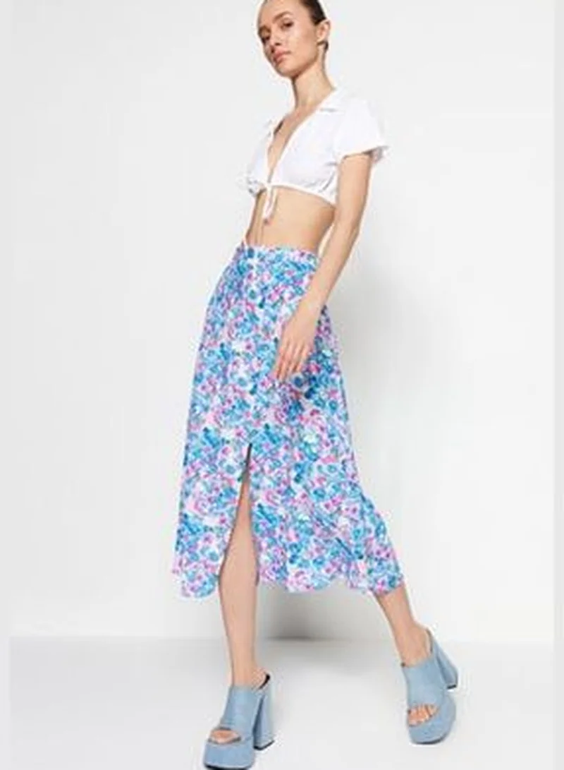 trendyol Indigo-Ecru Midi Skirt with Floral Pattern and Viscose Fabric with a Slit Detailed Detail TWOSS20ET0230