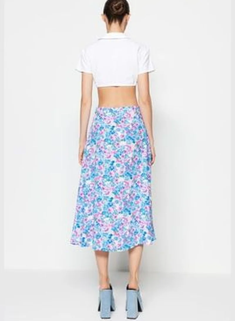 trendyol Indigo-Ecru Midi Skirt with Floral Pattern and Viscose Fabric with a Slit Detailed Detail TWOSS20ET0230