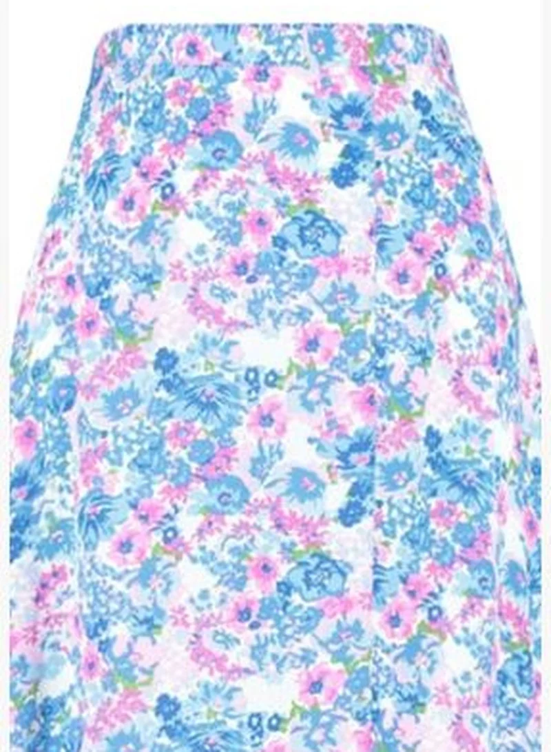 trendyol Indigo-Ecru Midi Skirt with Floral Pattern and Viscose Fabric with a Slit Detailed Detail TWOSS20ET0230